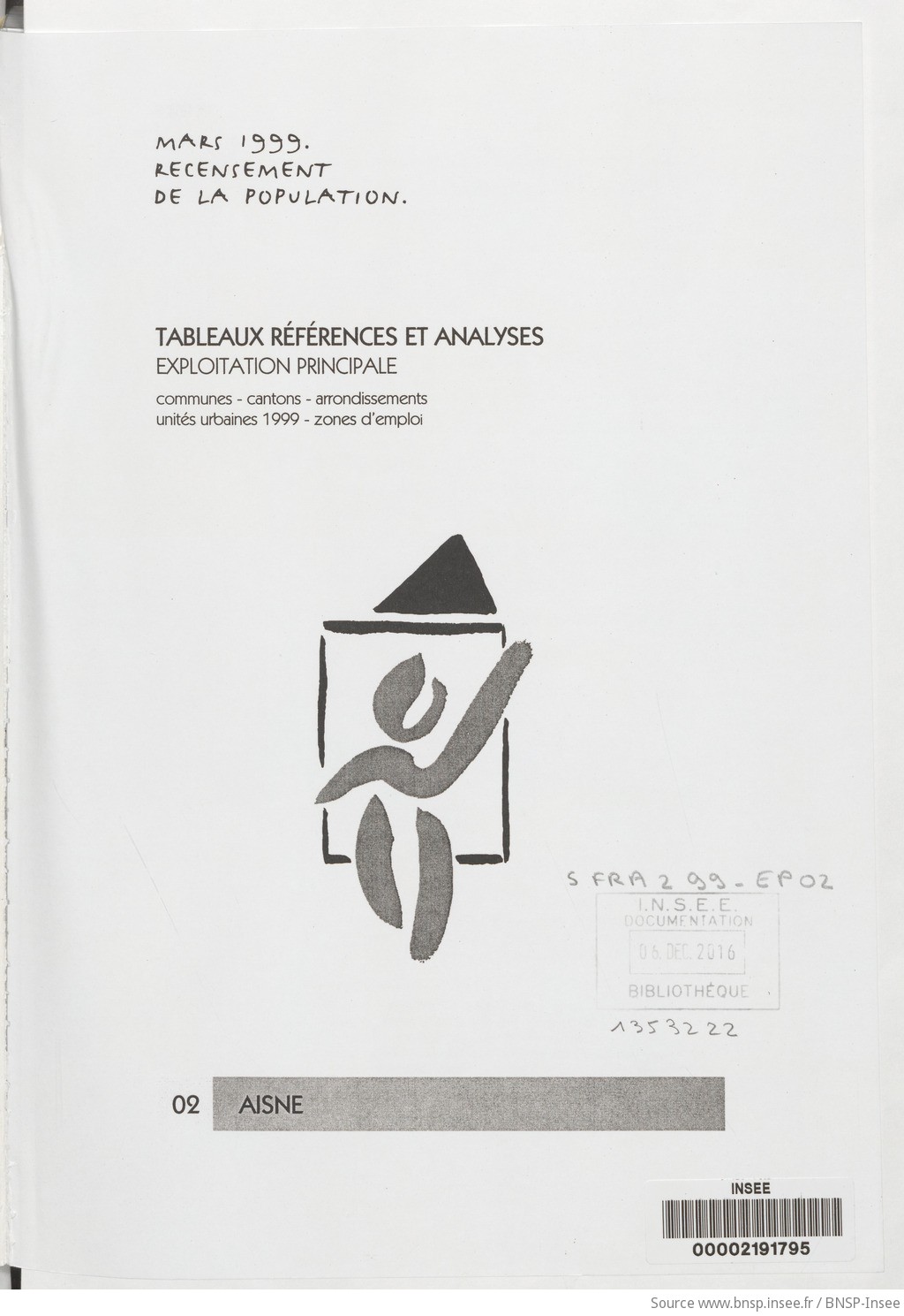 Mars 1999, recensement de la population.. , Tableaux références et analyses, exploitation principale. 02, Aisne / Institut national de la statistique et des études économiques - vue 3 - page NP