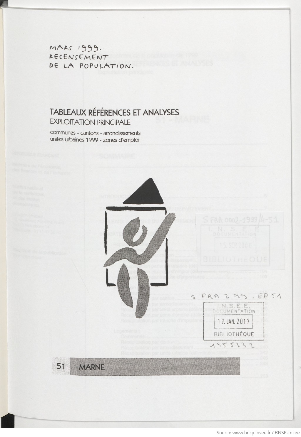 Mars 1999, recensement de la population.. , Tableaux références et analyses, exploitation principale. 51, Marne / Institut national de la statistique et des études économiques - vue 3 - page NP