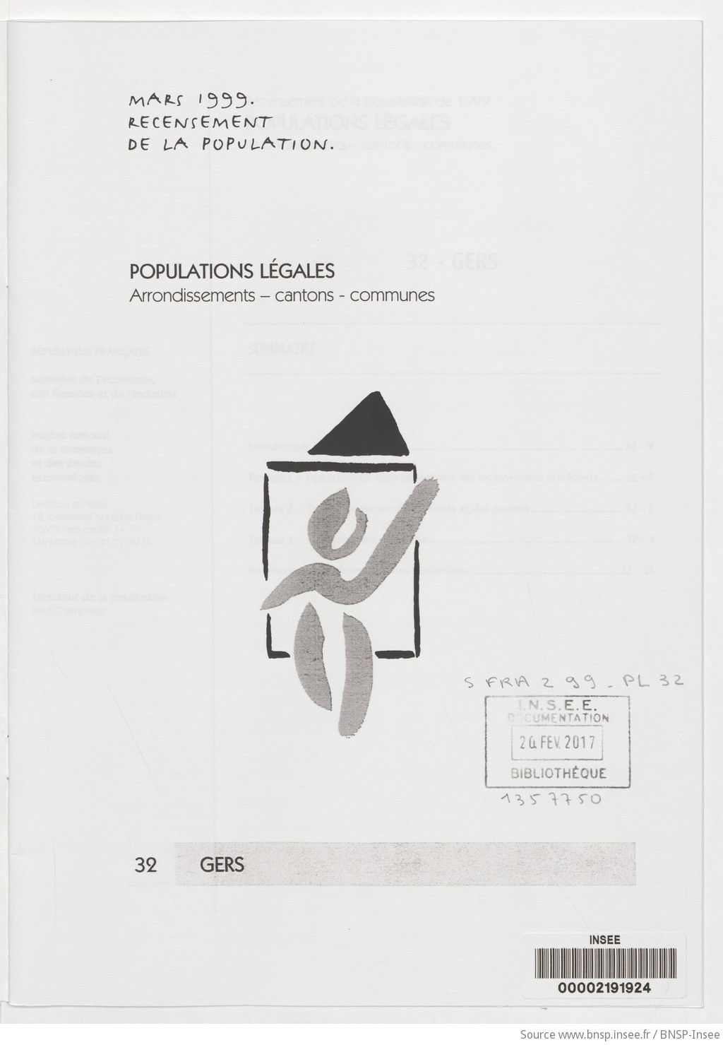 Mars 1999, recensement de la population.. , Populations légales : recensement de la population de 1999 : communes, cantons, arrondissements. 32, Gers / Institut national de la statistique et des études économiques - vue 3 - page NP