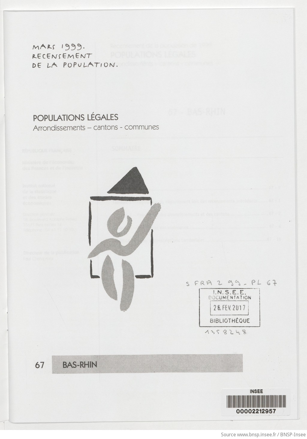 Mars 1999, recensement de la population.. , Populations légales : recensement de la population de 1999 : communes, cantons, arrondissements. 67, Bas-Rhin / Institut national de la statistique et des études économiques - vue 3 - page NP