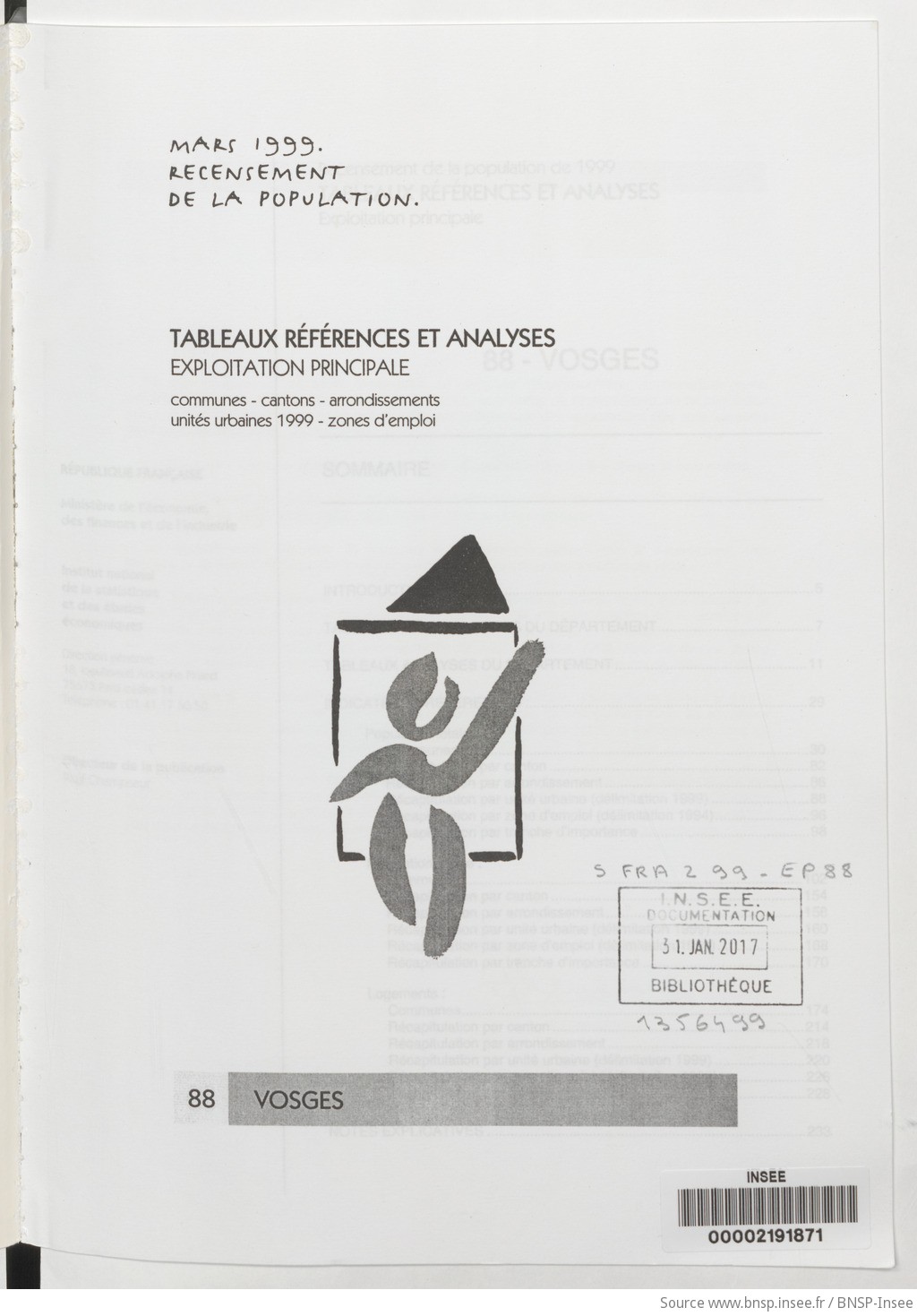 Mars 1999, recensement de la population.. , Tableaux références et analyses, exploitation principale. 88, Vosges / Institut national de la statistique et des études économiques - vue 3 - page NP
