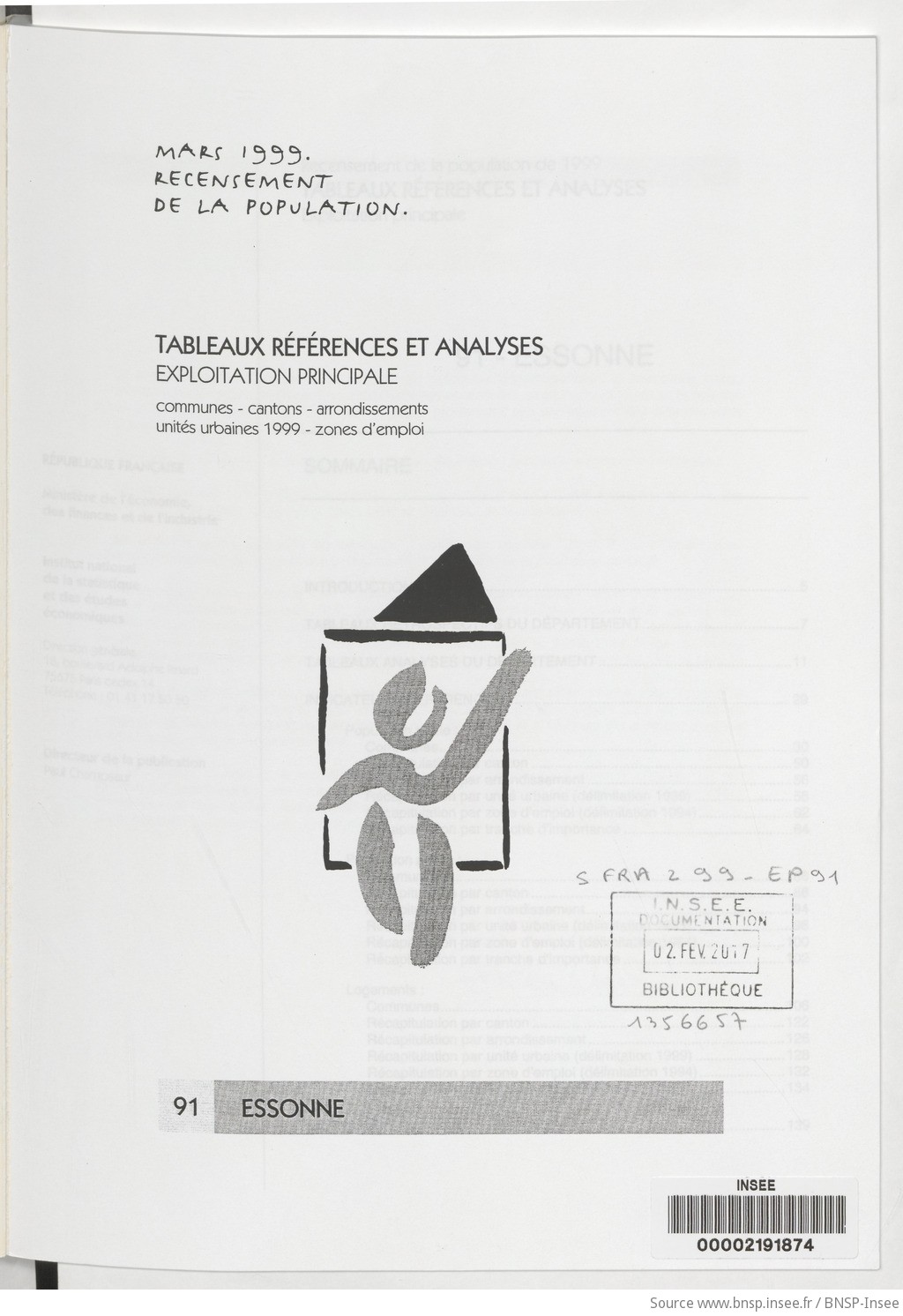 Mars 1999, recensement de la population.. , Tableaux références et analyses, exploitation principale. 91, Essonne / Institut national de la statistique et des études économiques - vue 3 - page NP