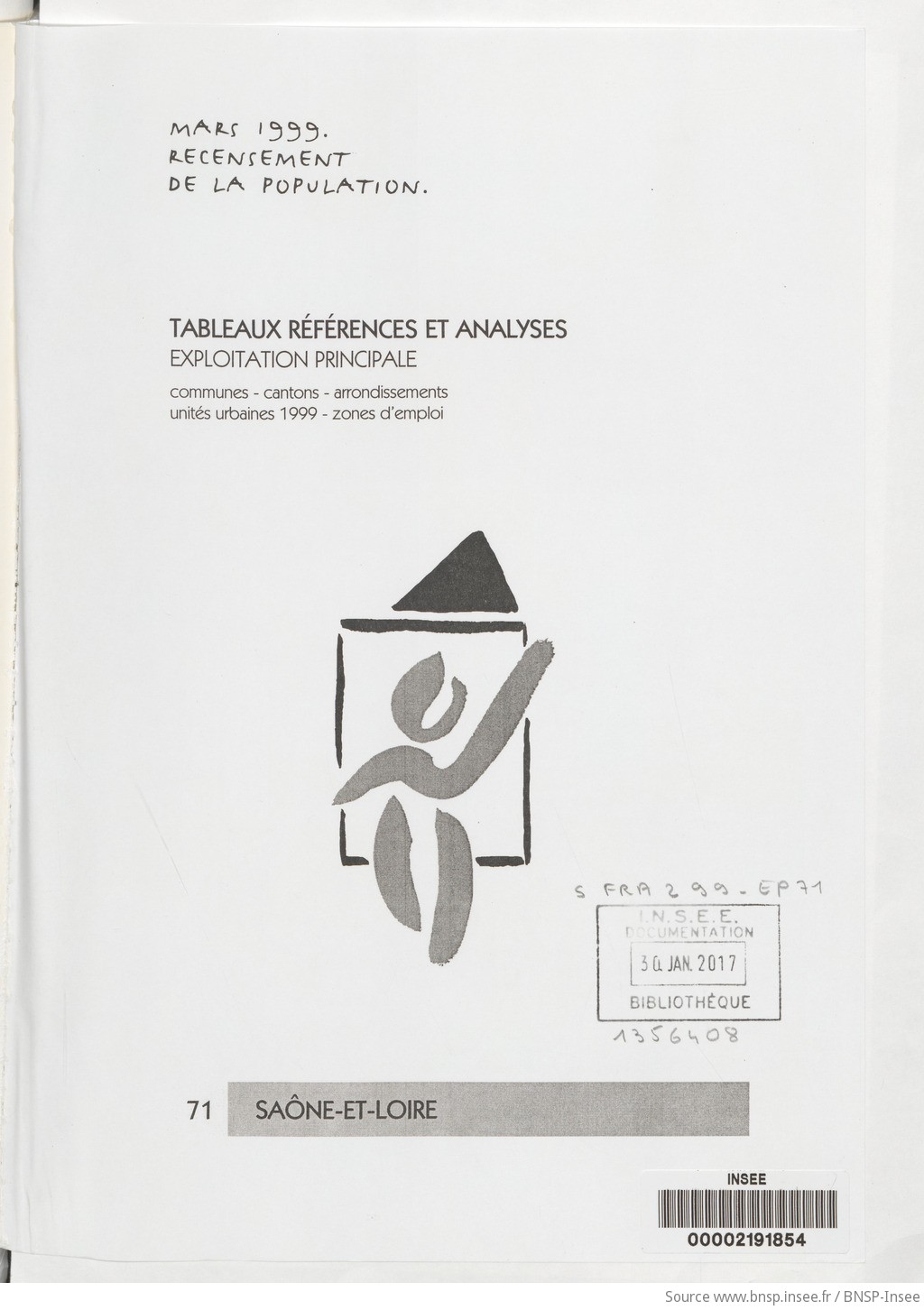 Mars 1999, recensement de la population.. , Tableaux références et analyses, exploitation principale. 71, Saône-et-Loire / Institut national de la statistique et des études économiques - vue 3 - page NP