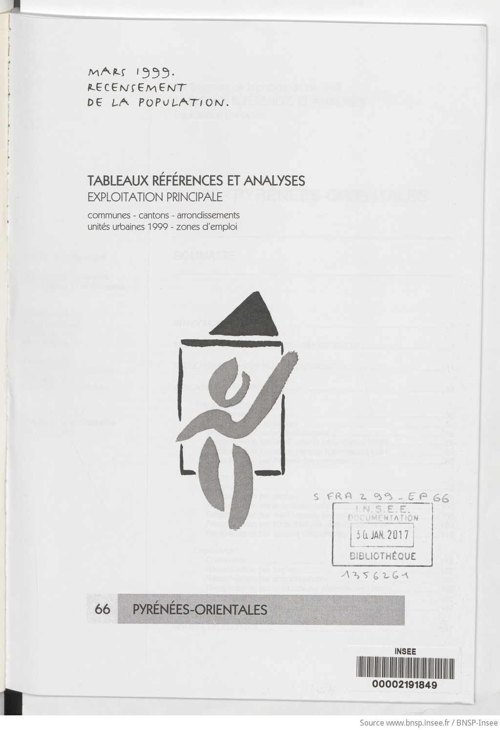 Mars 1999, recensement de la population.. , Tableaux références et analyses, exploitation principale. 66, Pyrénées-Orientales / Institut national de la statistique et des études économiques - vue 4 - page NP