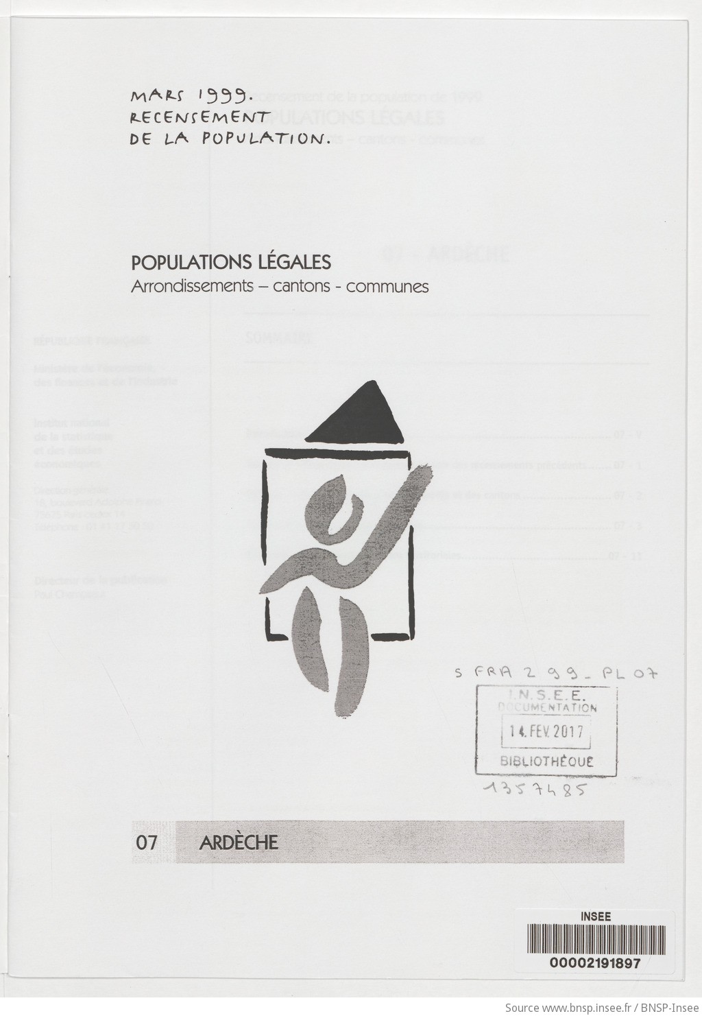 Mars 1999, recensement de la population.. , Populations légales : recensement de la population de 1999 : communes, cantons, arrondissements. 07, Ardèche / Institut national de la statistique et des études économiques - vue 3 - page NP