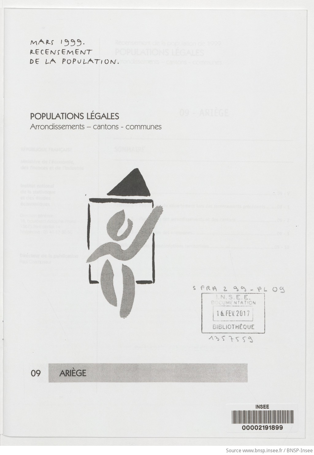 Mars 1999, recensement de la population.. , Populations légales : recensement de la population de 1999 : communes, cantons, arrondissements. 09, Ariège / Institut national de la statistique et des études économiques - vue 3 - page NP