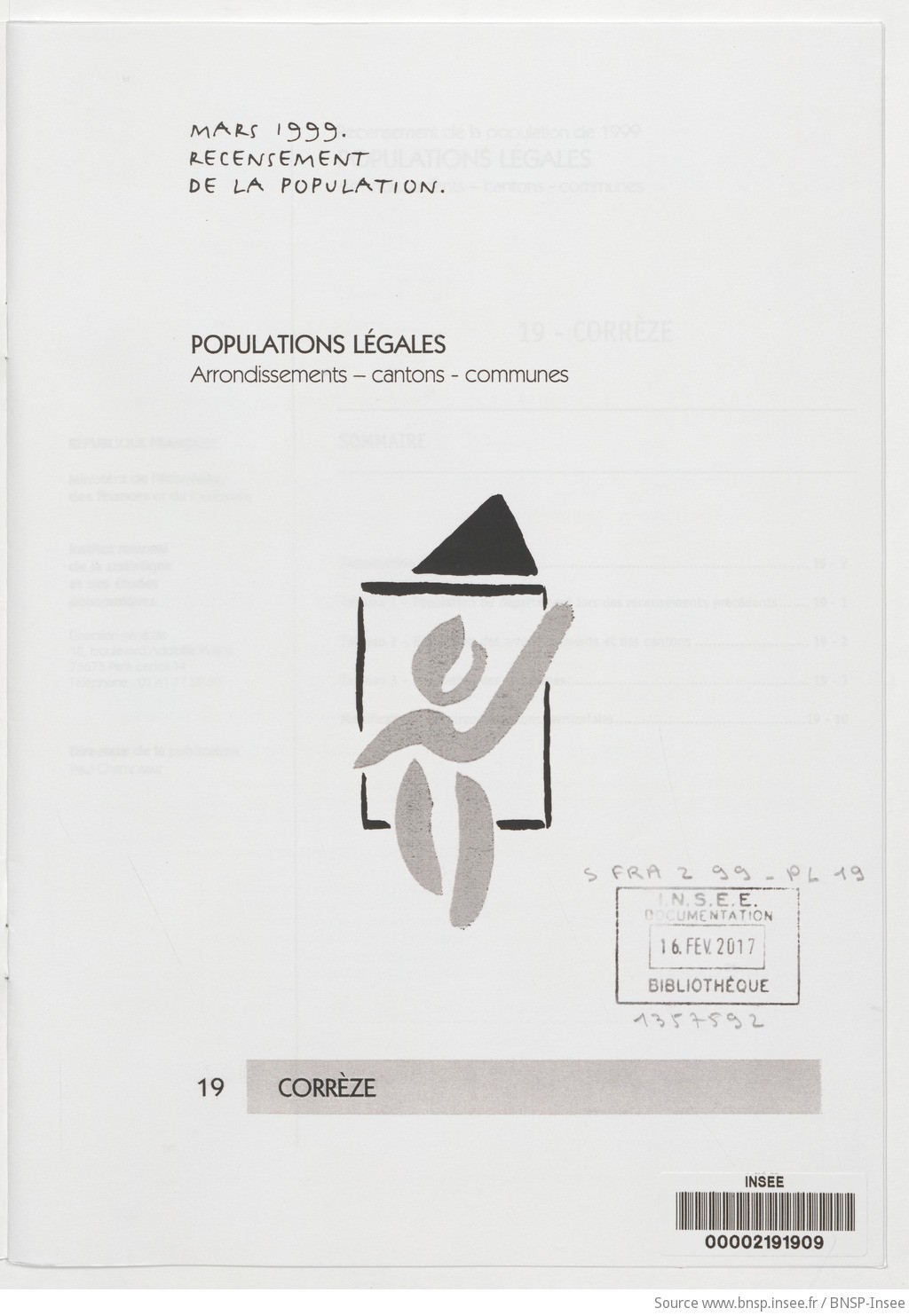 Mars 1999, recensement de la population.. , Populations légales : recensement de la population de 1999 : communes, cantons, arrondissements. 19, Corrèze / Institut national de la statistique et des études économiques - vue 3 - page NP