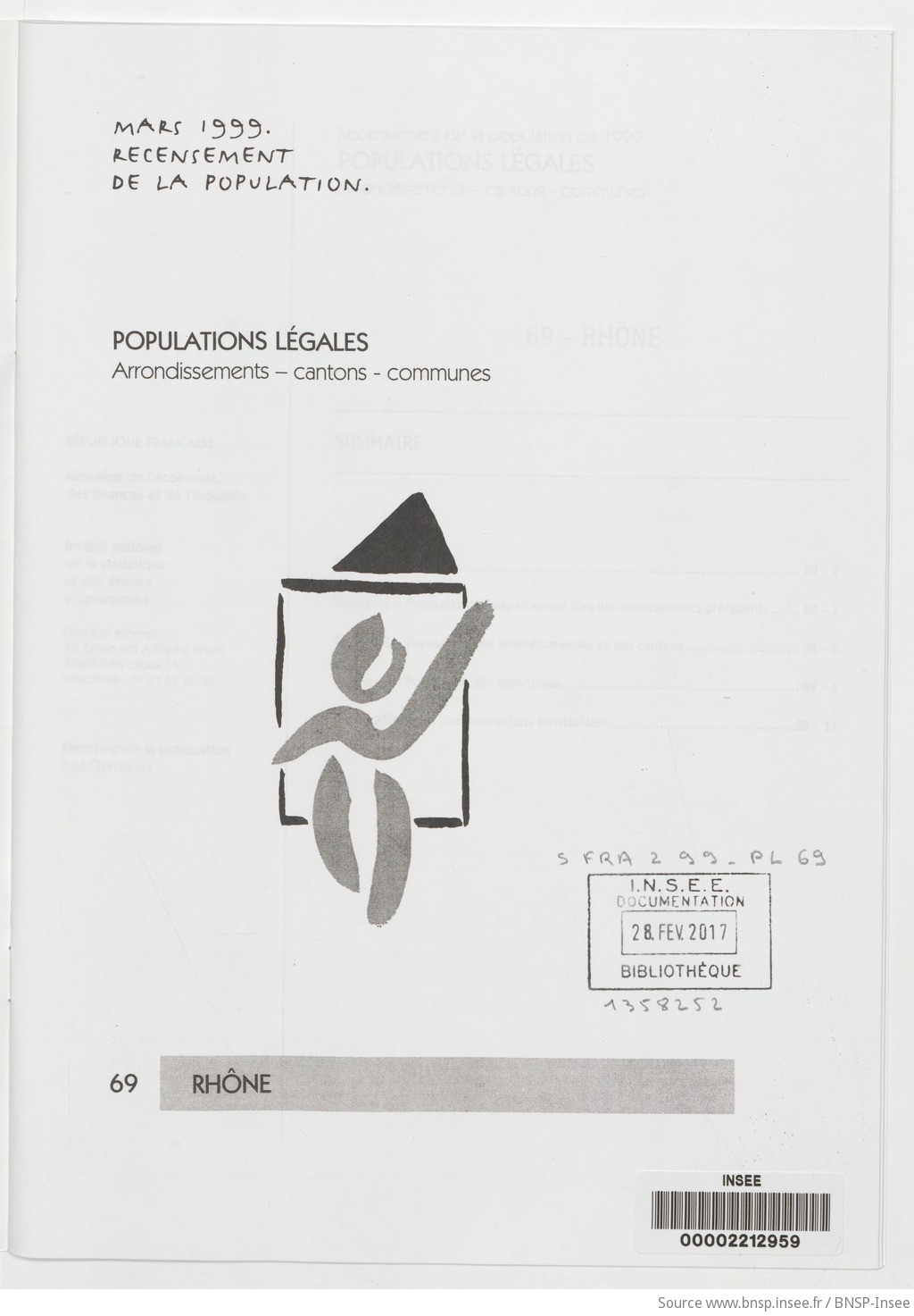Mars 1999, recensement de la population.. , Populations légales : recensement de la population de 1999 : communes, cantons, arrondissements. 69, Rhône / Institut national de la statistique et des études économiques - vue 3 - page NP