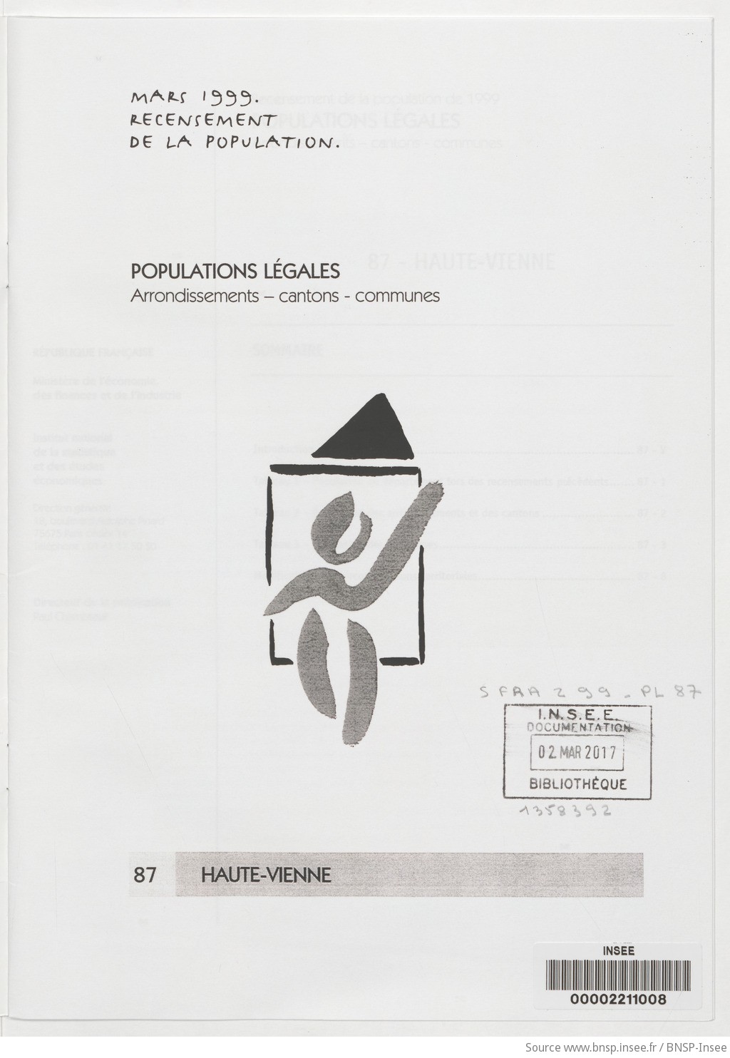 Mars 1999, recensement de la population.. , Populations légales : recensement de la population de 1999 : communes, cantons, arrondissements. 87, Haute-Vienne / Institut national de la statistique et des études économiques - vue 3 - page NP