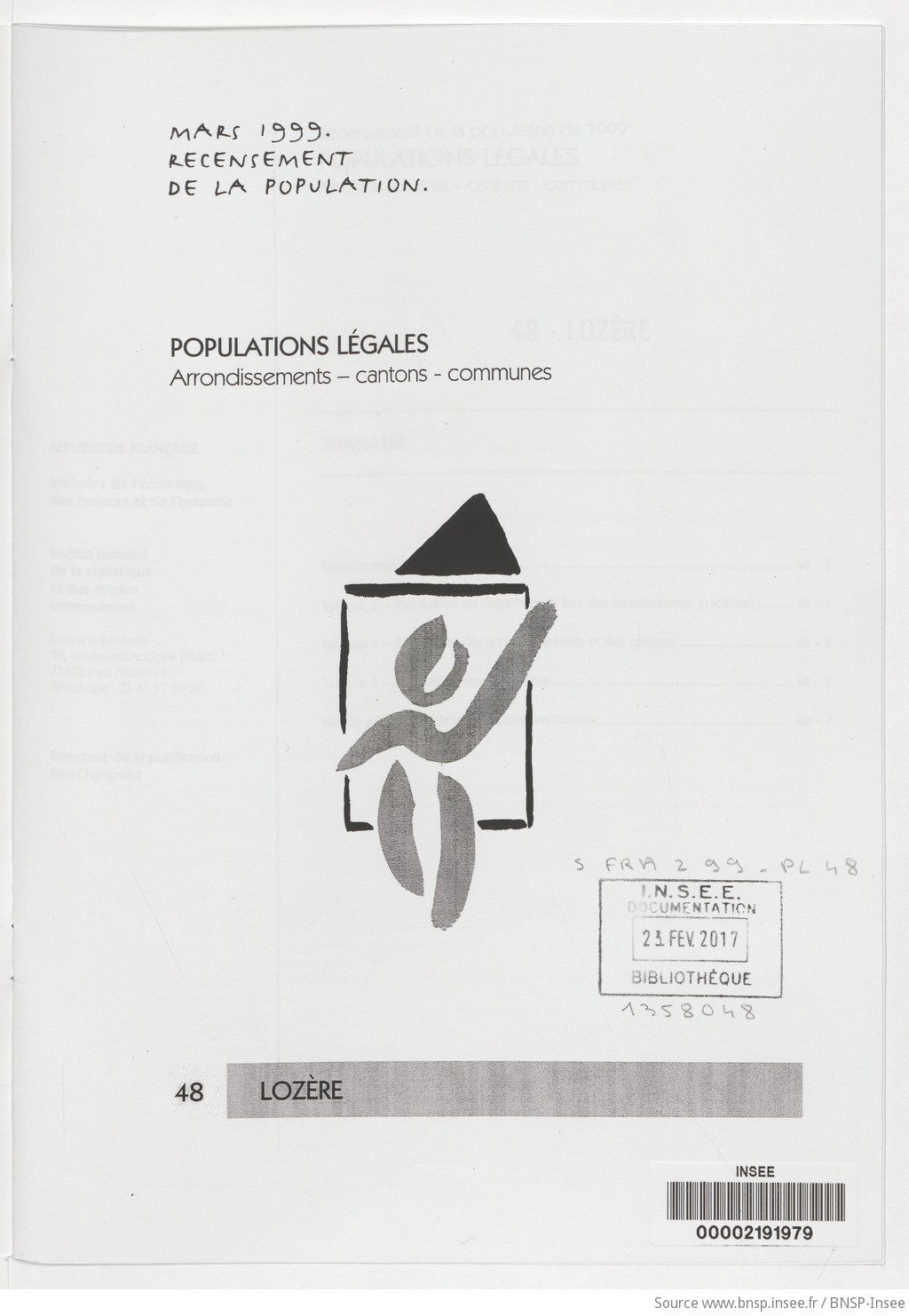 Mars 1999, recensement de la population.. , Populations légales : recensement de la population de 1999 : communes, cantons, arrondissements. 48, Lozère / Institut national de la statistique et des études économiques - vue 3 - page NP