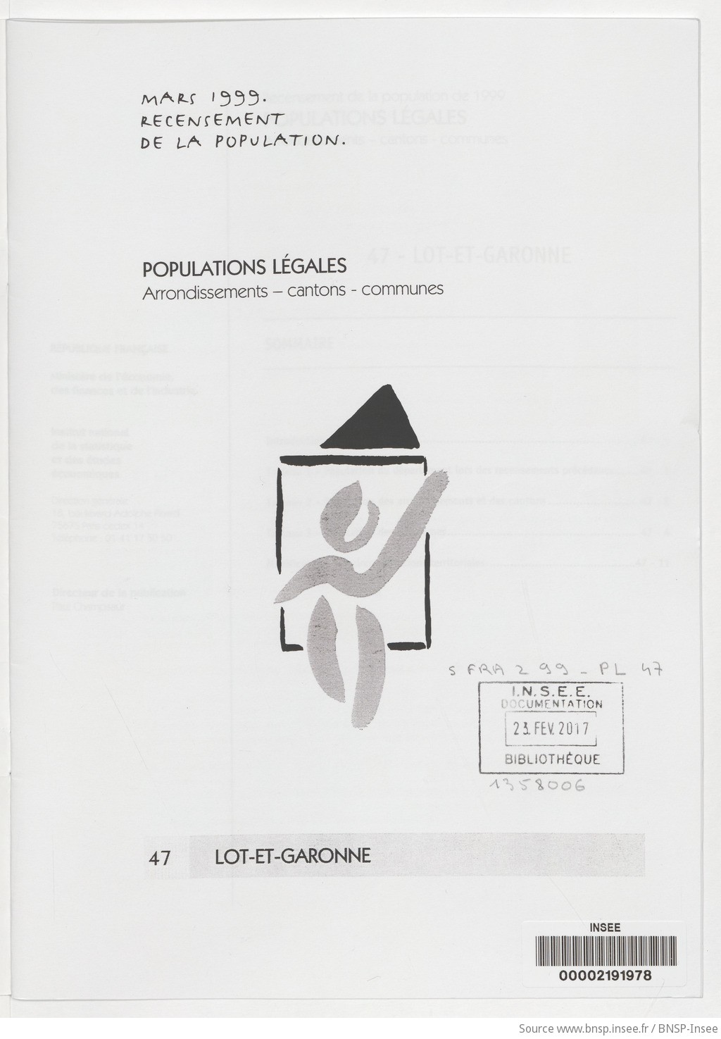 Mars 1999, recensement de la population.. , Populations légales : recensement de la population de 1999 : communes, cantons, arrondissements. 47, Lot-et-Garonne / Institut national de la statistique et des études économiques - vue 3 - page NP