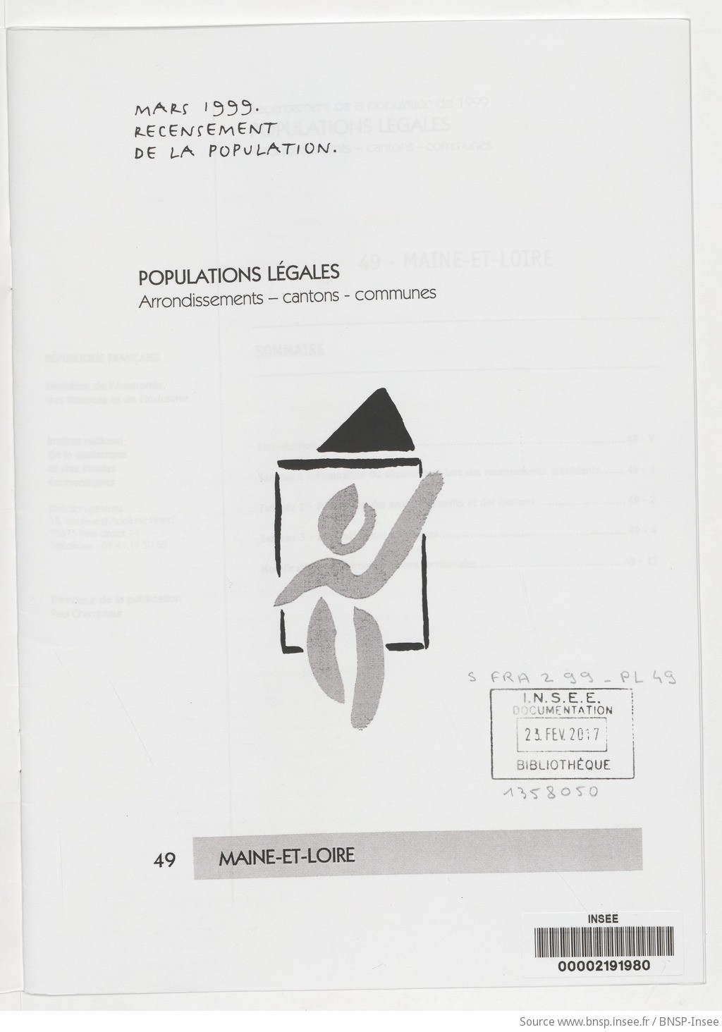 Mars 1999, recensement de la population.. , Populations légales : recensement de la population de 1999 : communes, cantons, arrondissements. 49, Maine-et-Loire / Institut national de la statistique et des études économiques - vue 3 - page NP