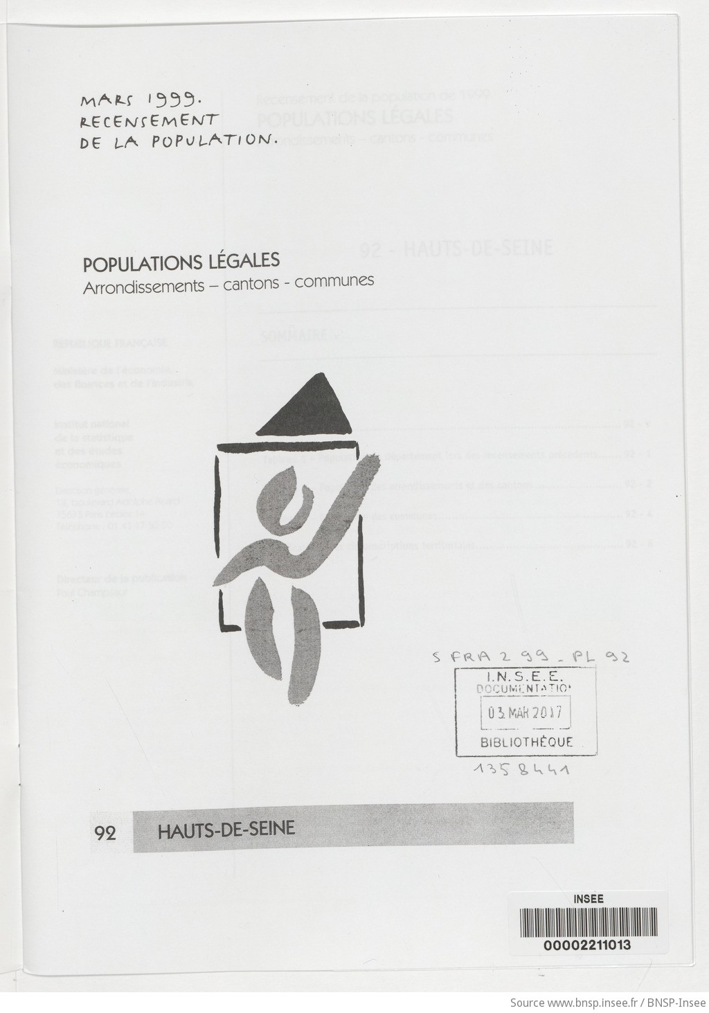 Mars 1999, recensement de la population.. , Populations légales : recensement de la population de 1999 : communes, cantons, arrondissements. 92, Hauts-de-Seine / Institut national de la statistique et des études économiques - vue 3 - page NP
