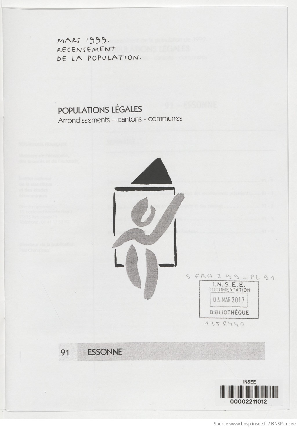 Mars 1999, recensement de la population.. , Populations légales : recensement de la population de 1999 : communes, cantons, arrondissements. 91, Essonne / Institut national de la statistique et des études économiques - vue 3 - page NP