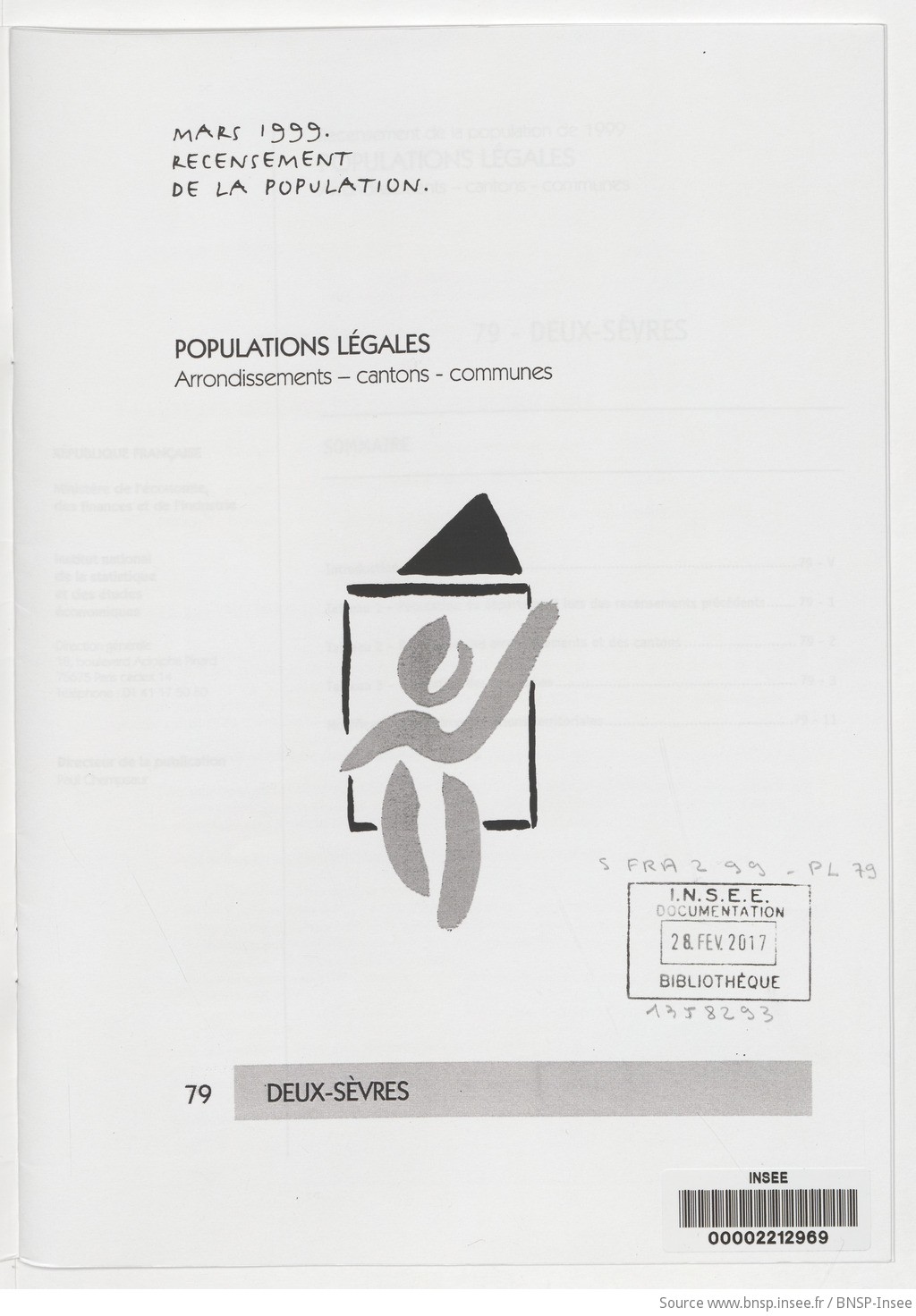 Mars 1999, recensement de la population.. , Populations légales : recensement de la population de 1999 : communes, cantons, arrondissements. 79, Deux-Sèvres / Institut national de la statistique et des études économiques - vue 3 - page NP