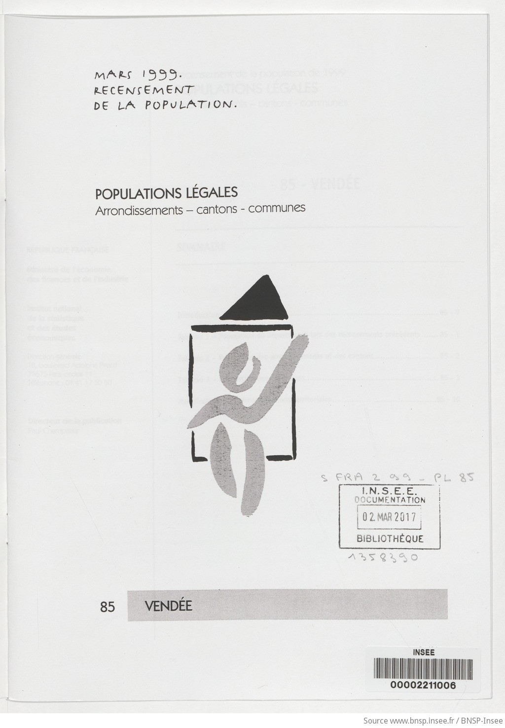 Mars 1999, recensement de la population.. , Populations légales : recensement de la population de 1999 : communes, cantons, arrondissements. 85, Vendée / Institut national de la statistique et des études économiques - vue 3 - page NP