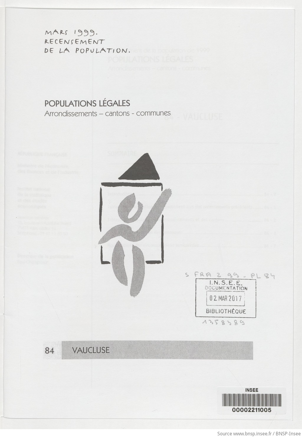 Mars 1999, recensement de la population.. , Populations légales : recensement de la population de 1999 : communes, cantons, arrondissements. 84, Vaucluse / Institut national de la statistique et des études économiques - vue 3 - page NP