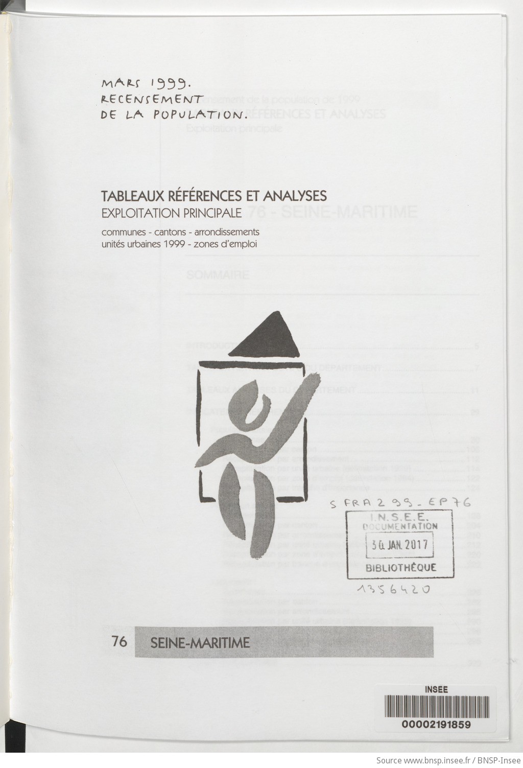 Mars 1999, recensement de la population.. , Tableaux références et analyses, exploitation principale. 76, Seine-Maritime / Institut national de la statistique et des études économiques - vue 3 - page NP