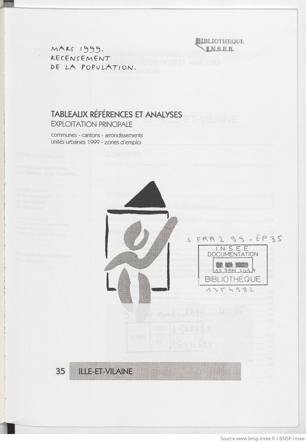Mars 1999, recensement de la population.. , Tableaux références et analyses, exploitation principale. 35, Ille-et-Vilaine / Institut national de la statistique et des études économiques - vue 3 - page NP