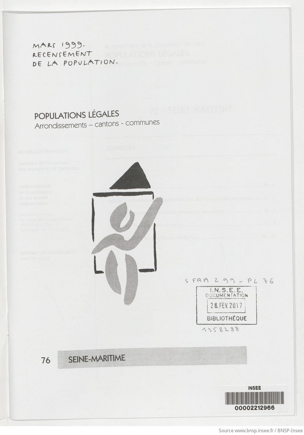 Mars 1999, recensement de la population.. , Populations légales : recensement de la population de 1999 : communes, cantons, arrondissements. 76, Seine-Maritime / Institut national de la statistique et des études économiques - vue 3 - page NP