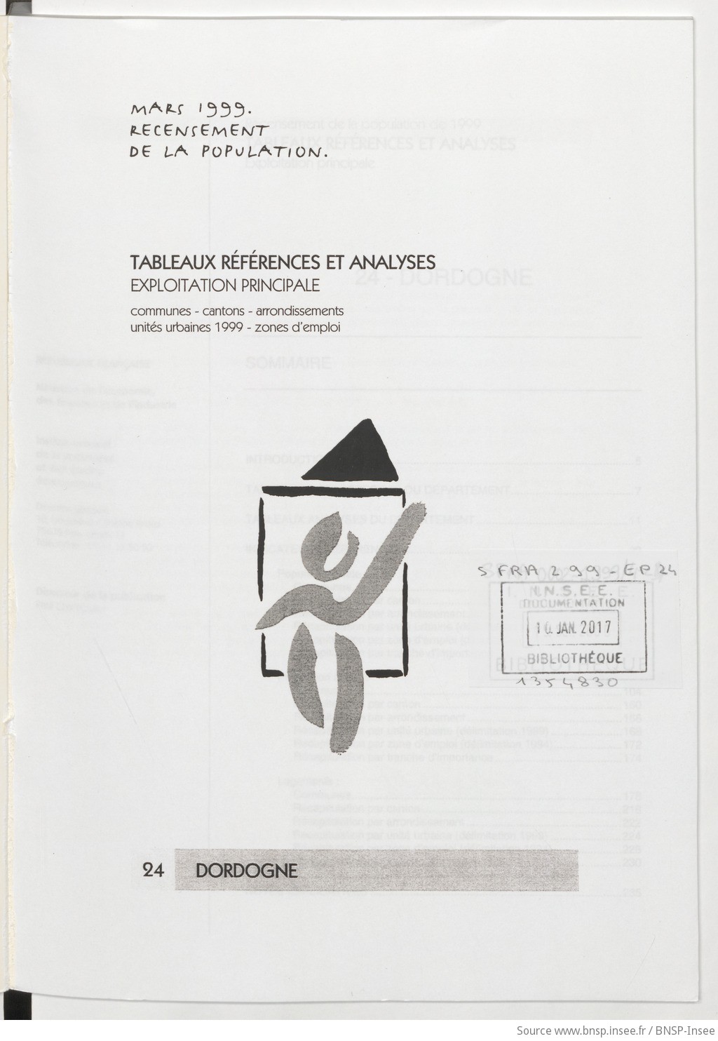 Mars 1999, recensement de la population.. , Tableaux références et analyses, exploitation principale. 24, Dordogne / Institut national de la statistique et des études économiques - vue 3 - page NP