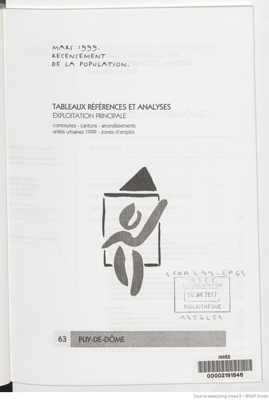 Mars 1999, recensement de la population.. , Tableaux références et analyses, exploitation principale. 63, Puy-de-Dôme / Institut national de la statistique et des études économiques - vue 3 - page NP