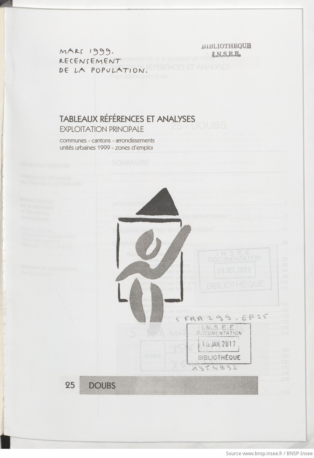 Mars 1999, recensement de la population.. , Tableaux références et analyses, exploitation principale. 25, Doubs / Institut national de la statistique et des études économiques - vue 3 - page NP