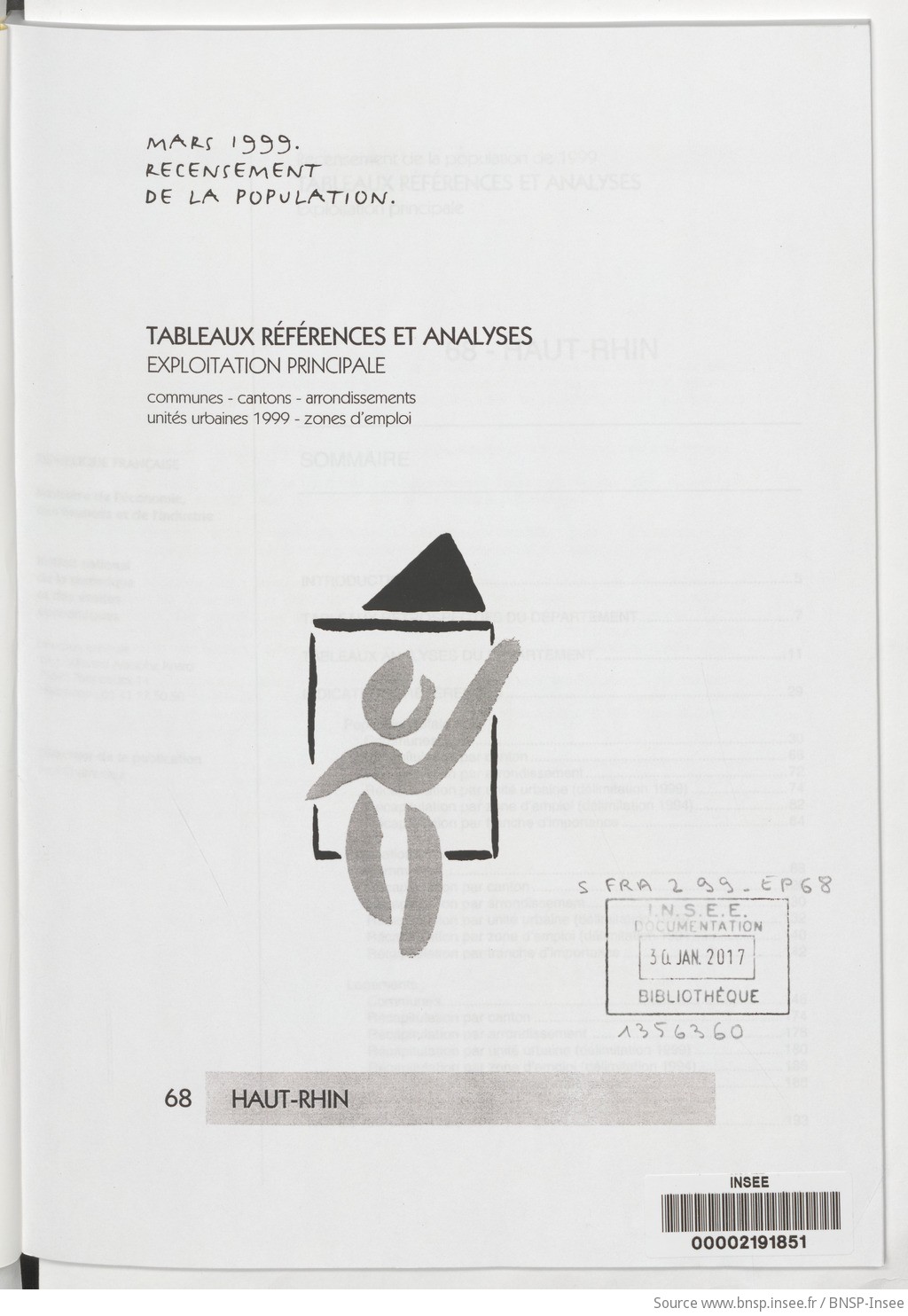 Mars 1999, recensement de la population.. , Tableaux références et analyses, exploitation principale. 68, Haut-Rhin / Institut national de la statistique et des études économiques - vue 3 - page NP