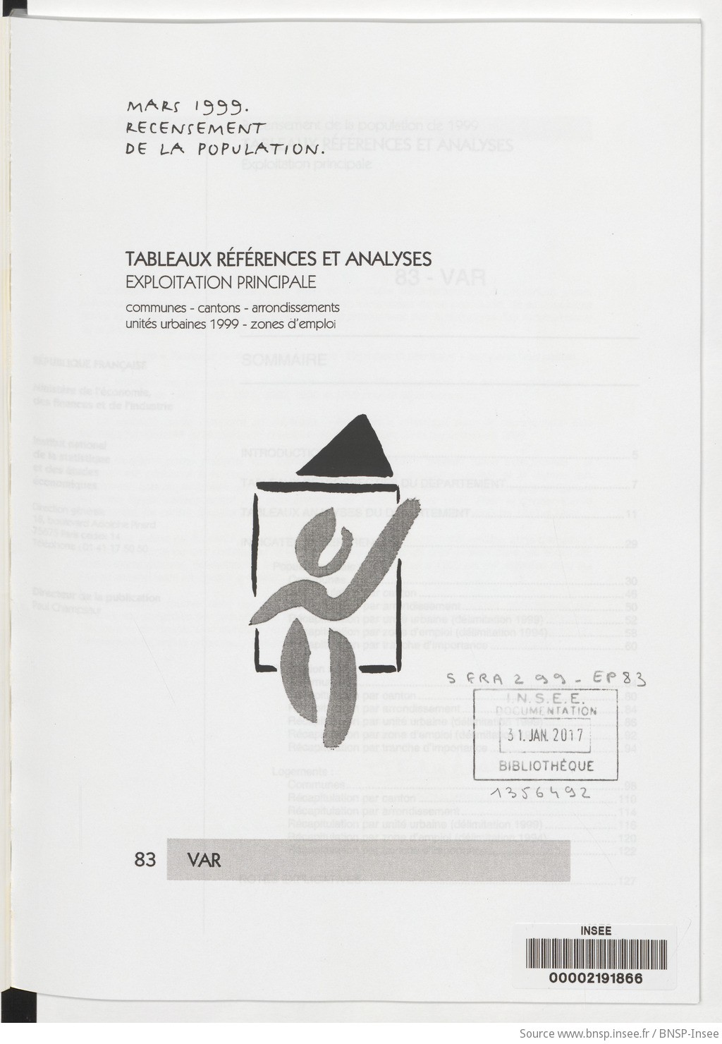 Mars 1999, recensement de la population.. , Tableaux références et analyses, exploitation principale. 83, Var / Institut national de la statistique et des études économiques - vue 3 - page NP
