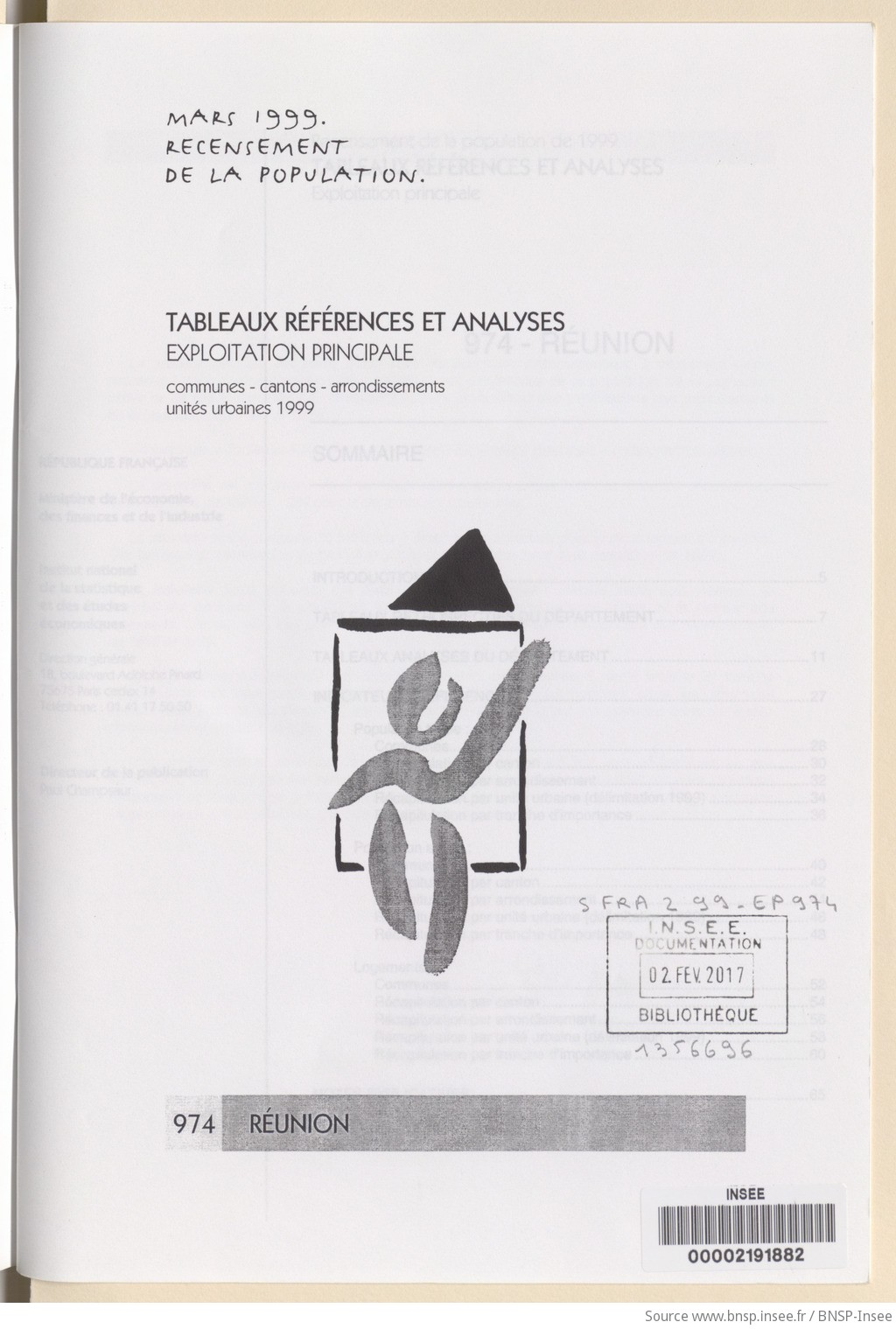 Mars 1999, recensement de la population.. , Tableaux références et analyses, exploitation principale. 974, Réunion / Institut national de la statistique et des études économiques - vue 3 - page NP