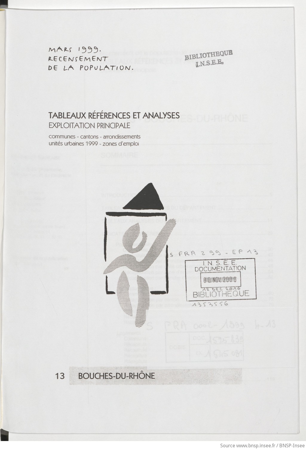 Mars 1999, recensement de la population.. Tableaux références et analyses, exploitation principale / Institut national de la statistique et des études économiques - vue 3 - page NP