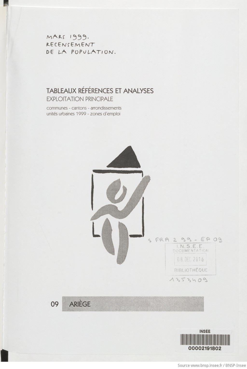 Mars 1999, recensement de la population.. , Tableaux références et analyses, exploitation principale. 09, Ariège / Institut national de la statistique et des études économiques - vue 3 - page NP