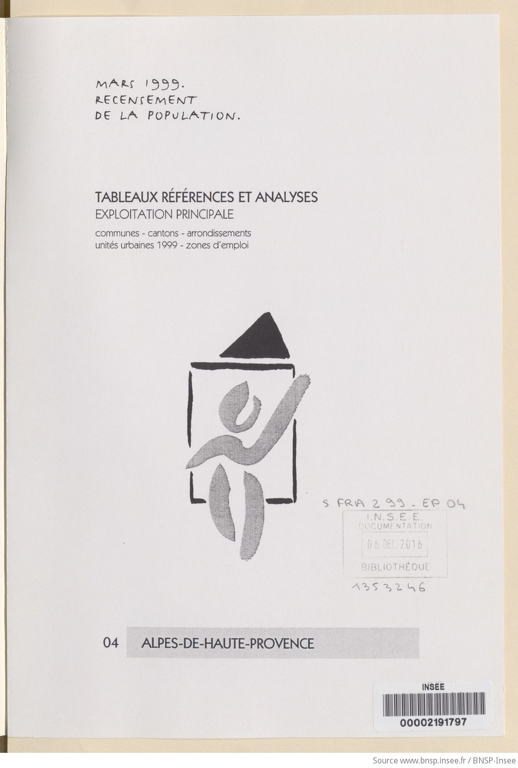 Mars 1999, recensement de la population.. , Tableaux références et analyses, exploitation principale. 04, Alpes-de-Haute-Provence / Institut national de la statistique et des études économiques - vue 3 - page NP