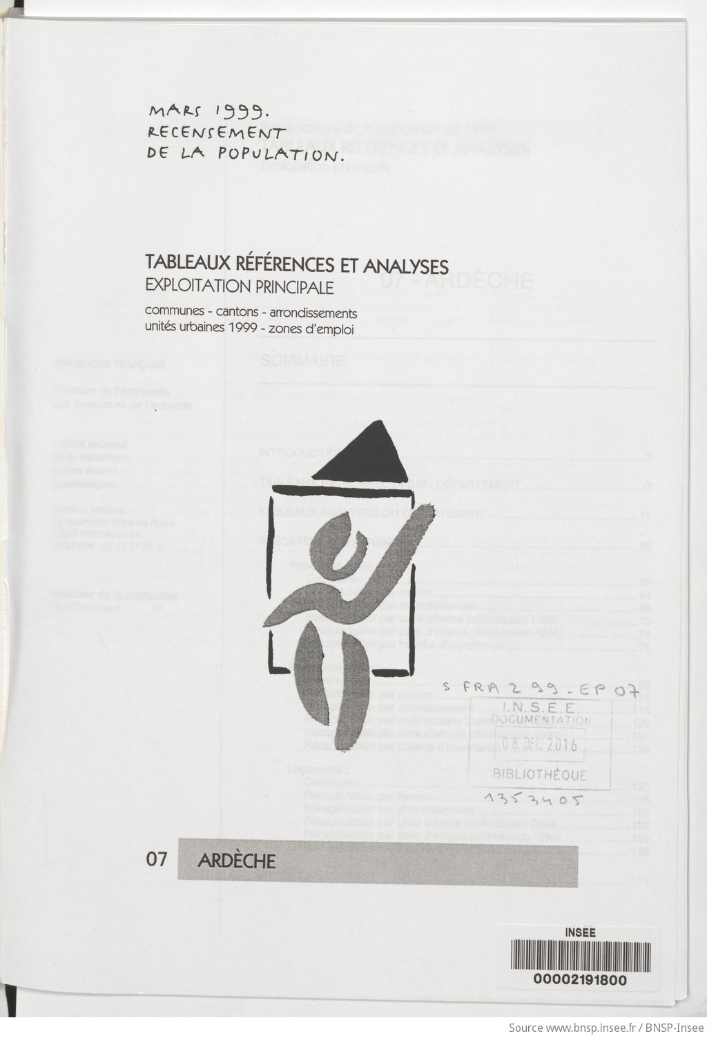 Mars 1999, recensement de la population.. , Tableaux références et analyses, exploitation principale. 07, Ardèche / Institut national de la statistique et des études économiques - vue 3 - page NP