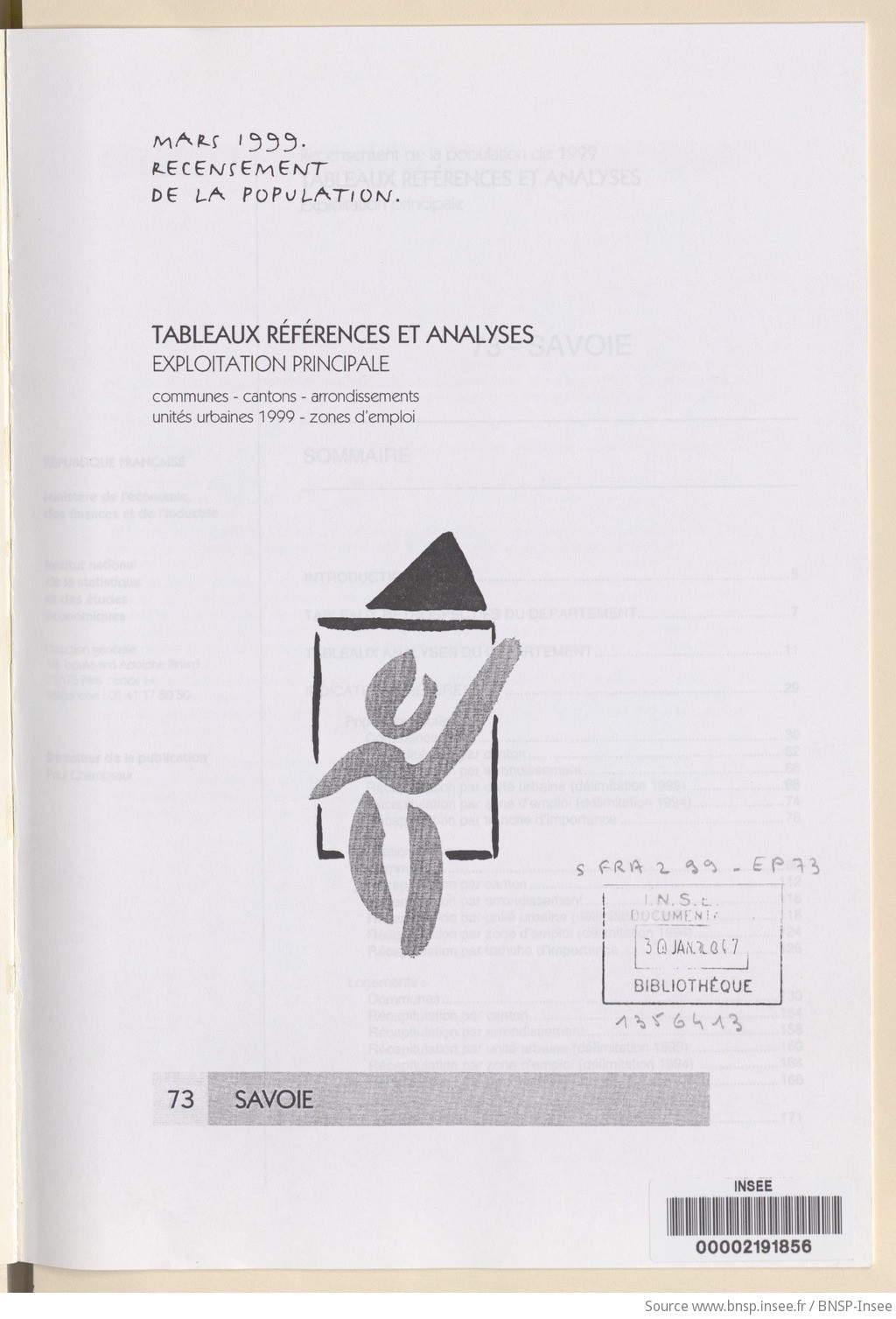 Mars 1999, recensement de la population.. , Tableaux références et analyses, exploitation principale. 73, Savoie / Institut national de la statistique et des études économiques - vue 3 - page NP