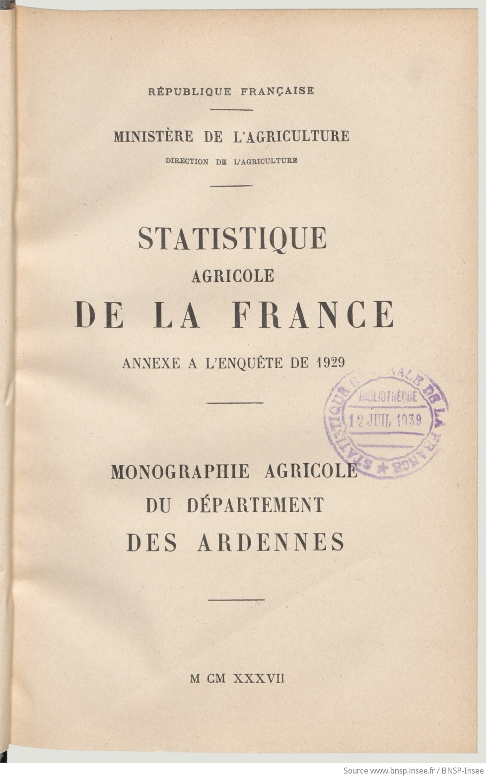 Statistique agricole de la France. Annexe à l'enquête de 1929 : Monographie agricole du département des Ardennes / Ministère de l'agriculture. Direction de l'agriculture - vue 11 - page NP
