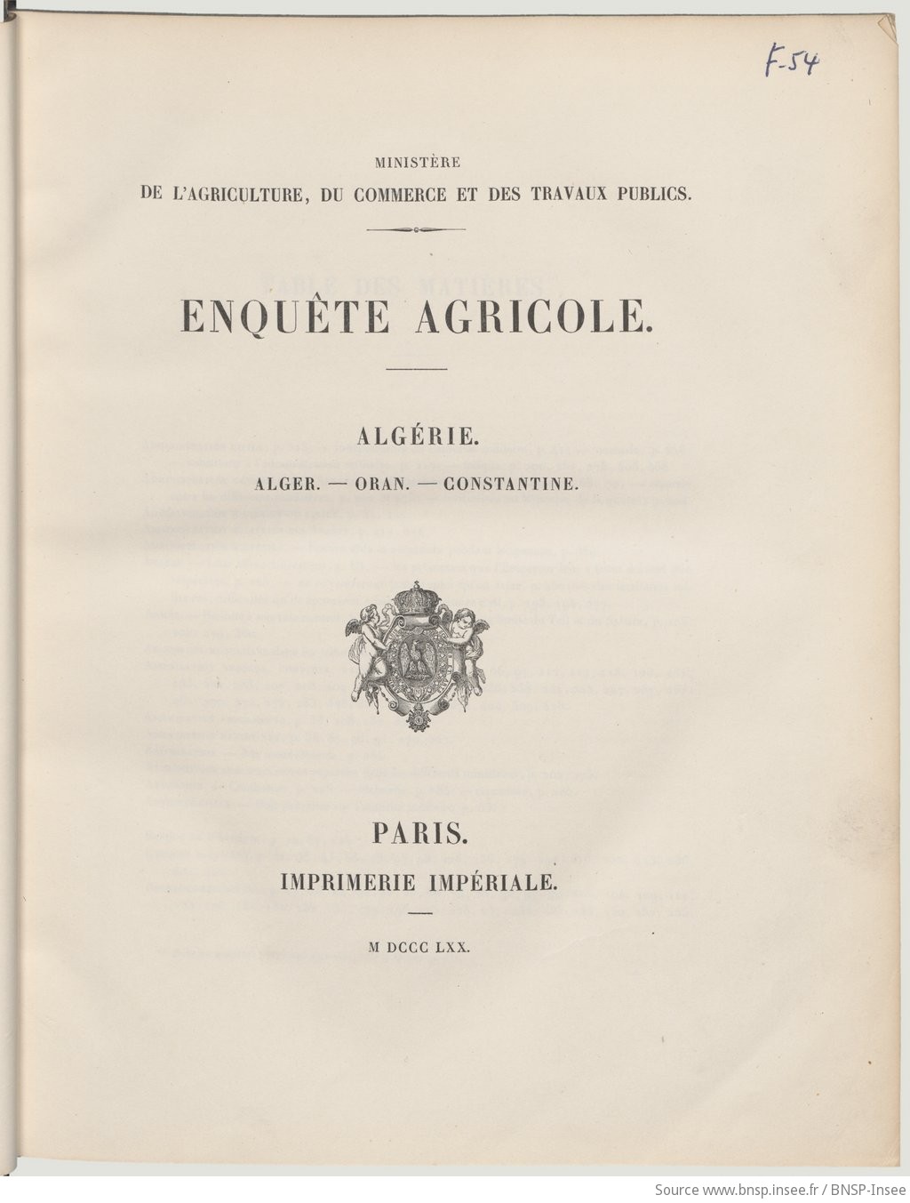 Enquête agricole. Algérie. Alger. Oran. Constantine / Ministère de l'agriculture, du commerce et des travaux publics - vue 11 - page NP