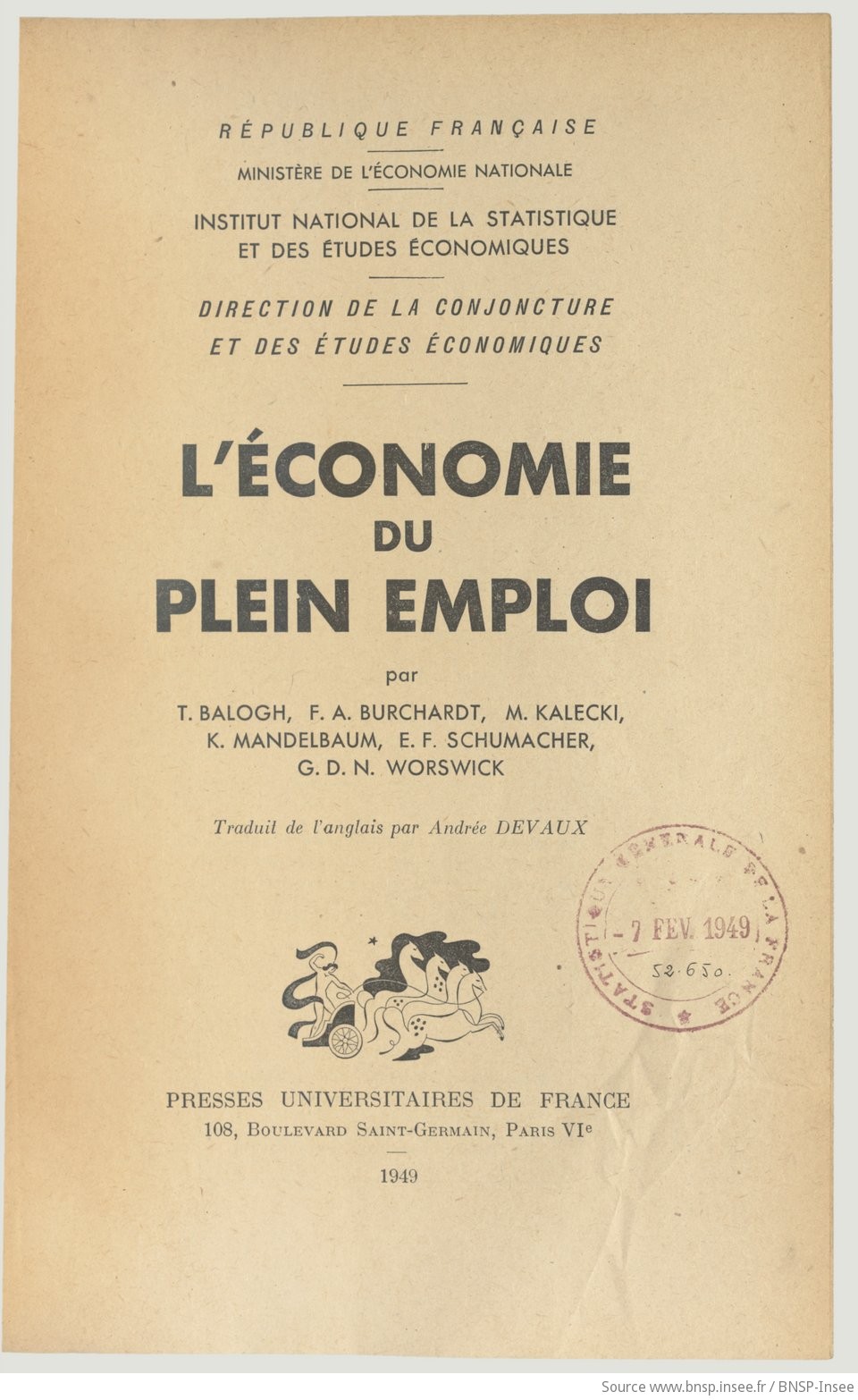 L'économie du plein emploi / par T. Balogh, F. A. Burchardt, M. Kalecki, K. Mandelbaum, E. F. Schumacher, G. D. N. Worswick ; Traduit de l'anglais par Andrée Devaux - vue 5 - page NP