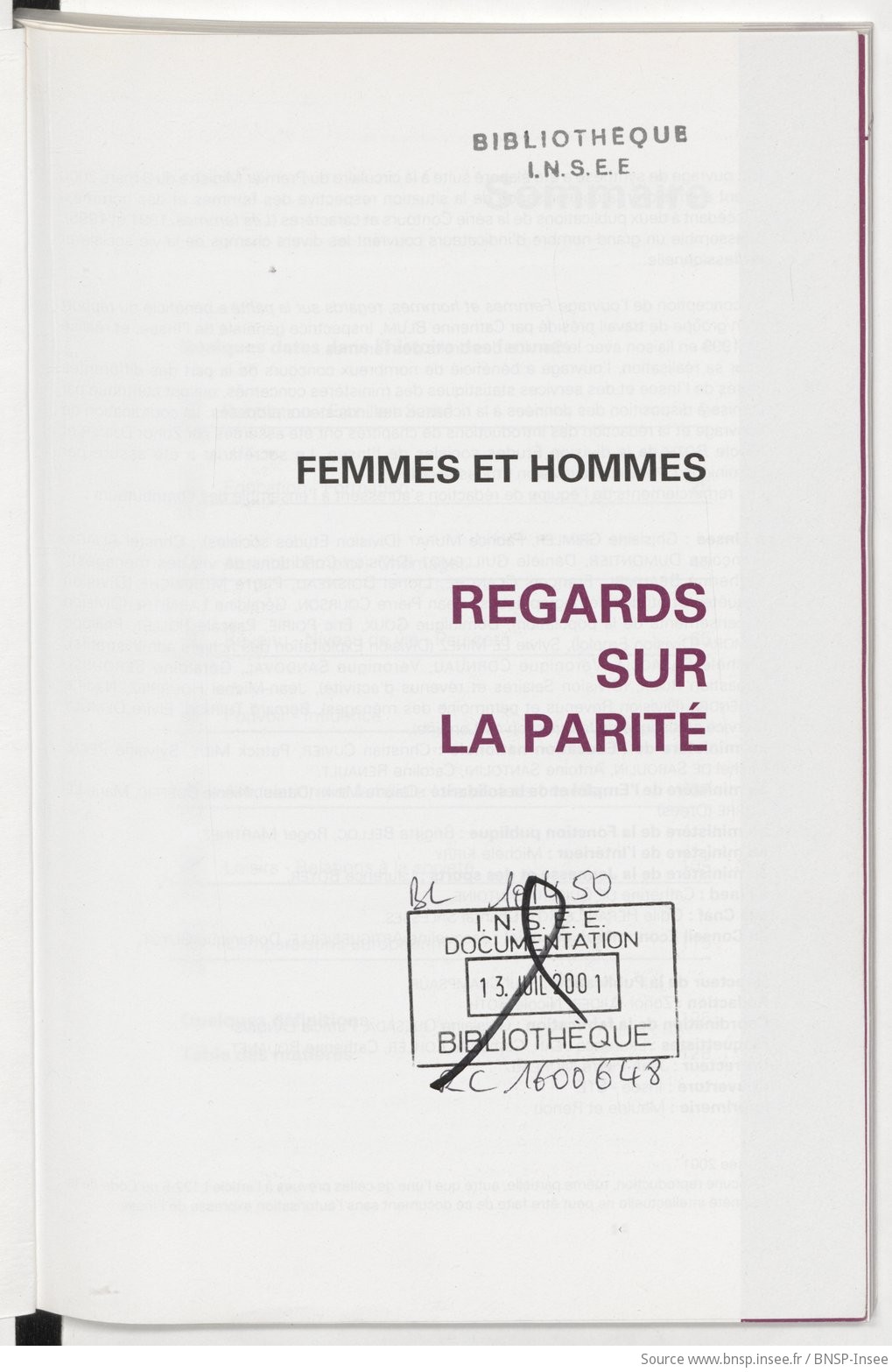 Femmes et hommes, regards sur la parité (Éd. 2001) / INSEE ; [réd. par Zohor Djider et Nicole Roth] - vue 3 - page NP