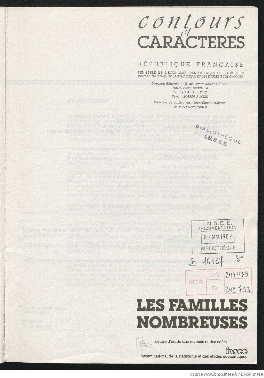 Les familles nombreuses / Ministère de l'économie, des finances et du budget, Institut national de la statistique et des études économiques ; Centre d'étude des revenus et des coûts - vue 2 - page NP