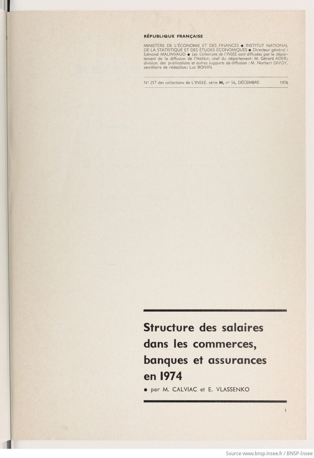 Structure des salaires dans les commerces, banques et assurances en 1974 / Institut national de la statistique et des études économiques ; [rédigé] par M. Calviac et Elisabeth Vlassenko - vue 3 - page 1