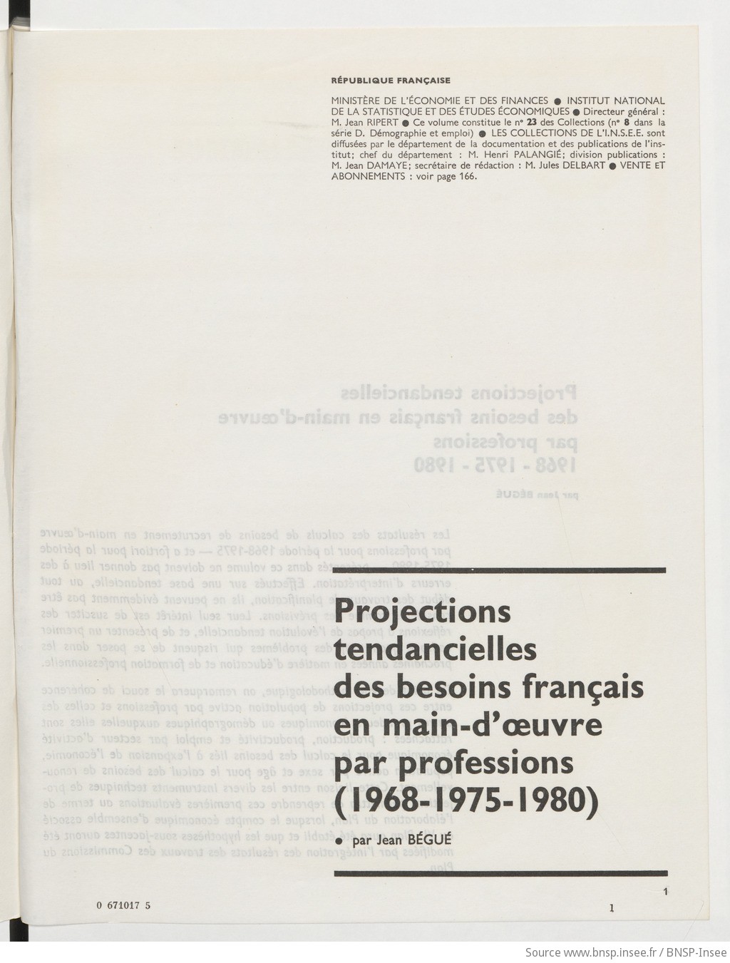 Projections tendancielles des besoins français en main-d'œuvre par professions (1968-1975-1980), par Jean Bégué - vue 3 - page 1