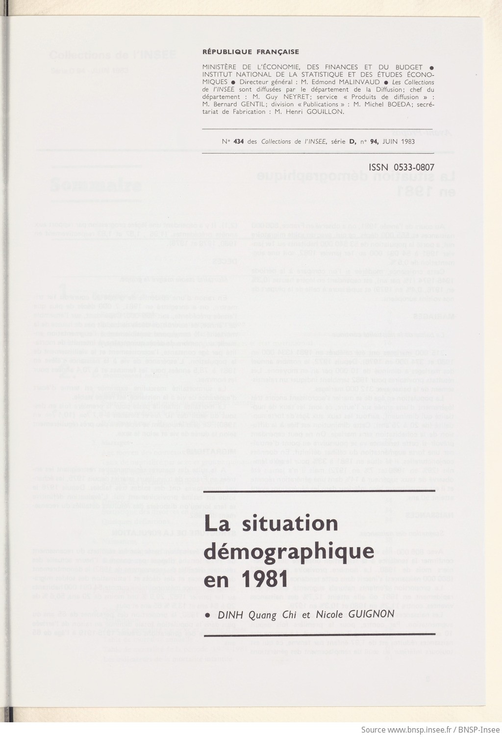 La Situation démographique en 1981 / Institut national de la statistique et des études économiques ; [par] Dinh Quang Chi et Nicole Guignon - vue 3 - page NP